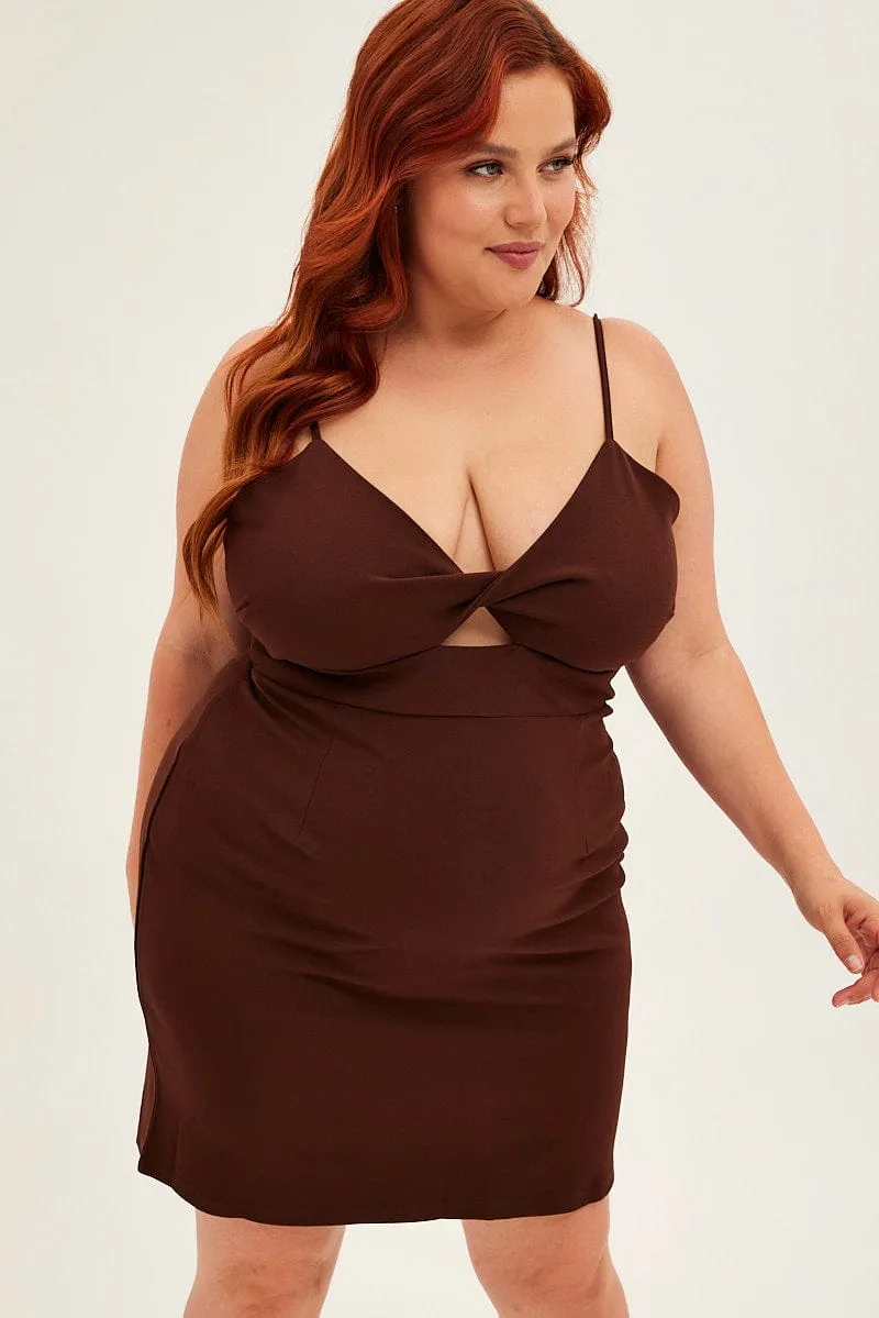 Brown Midi Dress Shoestring Strap Fitted Stretch Crepe Classic Layering Easy Tones