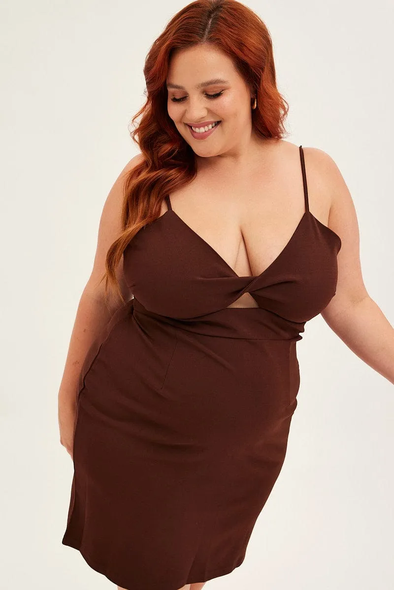 Brown Midi Dress Shoestring Strap Fitted Stretch Crepe Cozy Touch Dreamy Flow