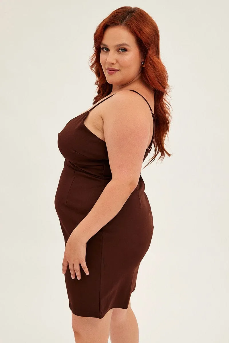 BreathableLining Brown Midi Dress Shoestring Strap Fitted Stretch Crepe