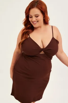 Brown Midi Dress Shoestring Strap Fitted Stretch Crepe Cozy Touch Dreamy Flow