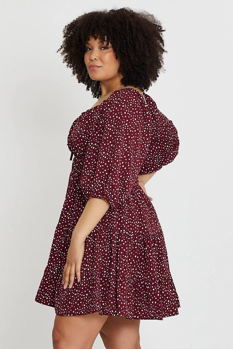 Geo Print Skater Dress Sweetheart Long Sleeve Tie Lace Accent