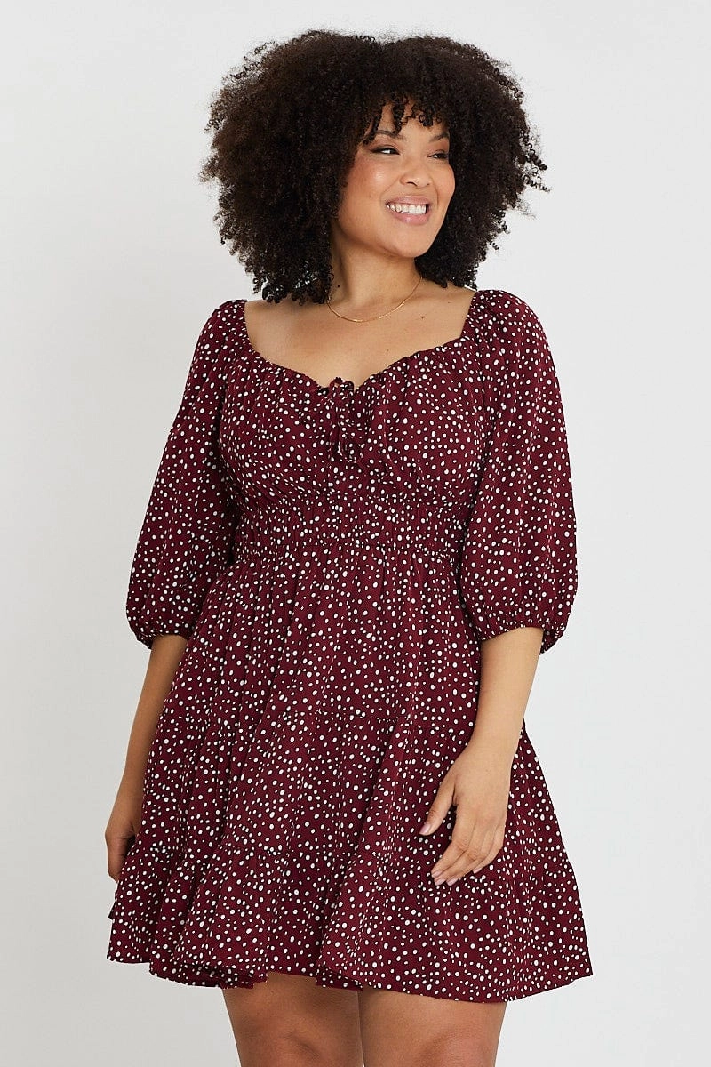 Geo Print Skater Dress Sweetheart Long Sleeve Tie Cool Shape Everyday-Comfort