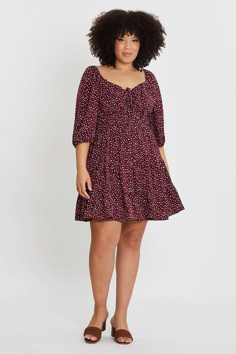 Geo Print Skater Dress Sweetheart Long Sleeve Tie Soft Lines