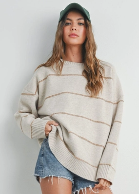 Carlyle Striped Drop-Shoulder Sweater - Taupe Multi Fashion Forward Comfy Layers