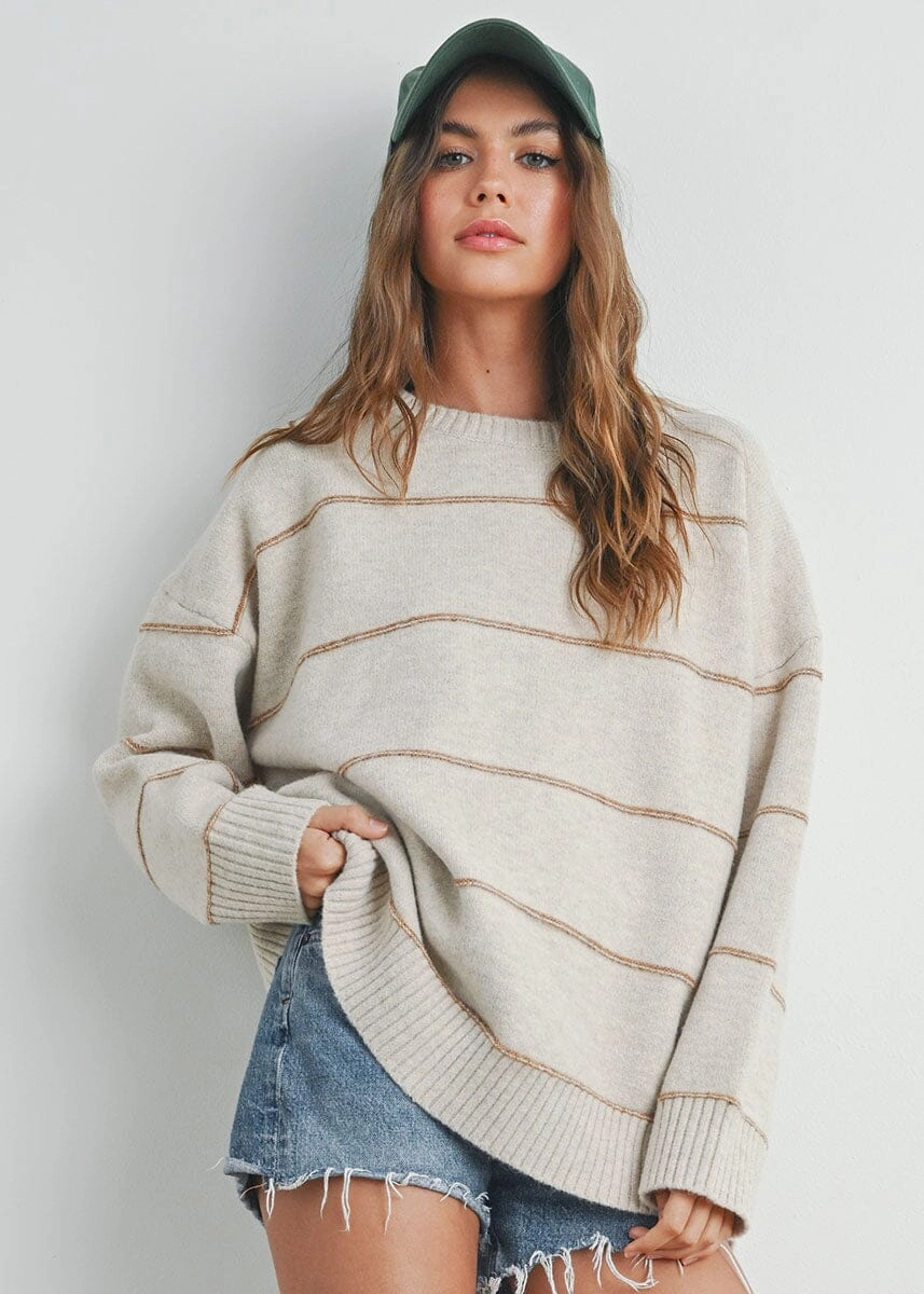Carlyle Striped Drop-Shoulder Sweater - Taupe Multi Fashion Forward Comfy Layers