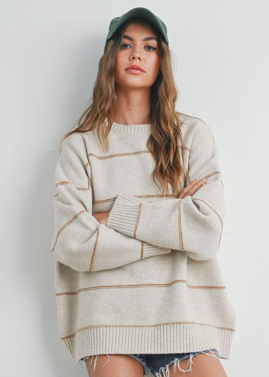 Carlyle Striped Drop-Shoulder Sweater - Taupe Multi Moisture Wicking Fabric Soft And Comfortable