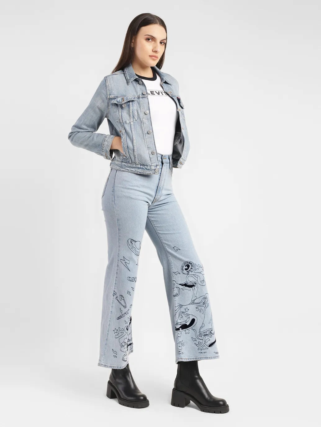 Women's Blue Ribcage Bell Bottom Wide Leg Fit High Rise Jeans Simple Match Casual Fit