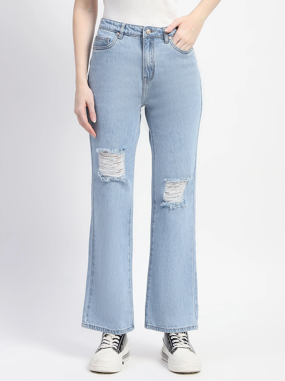 Fashion Lover Classic Wear Modern Minimalist Comfortable Edge Madame Ice Blue Ripped Flared Denim
