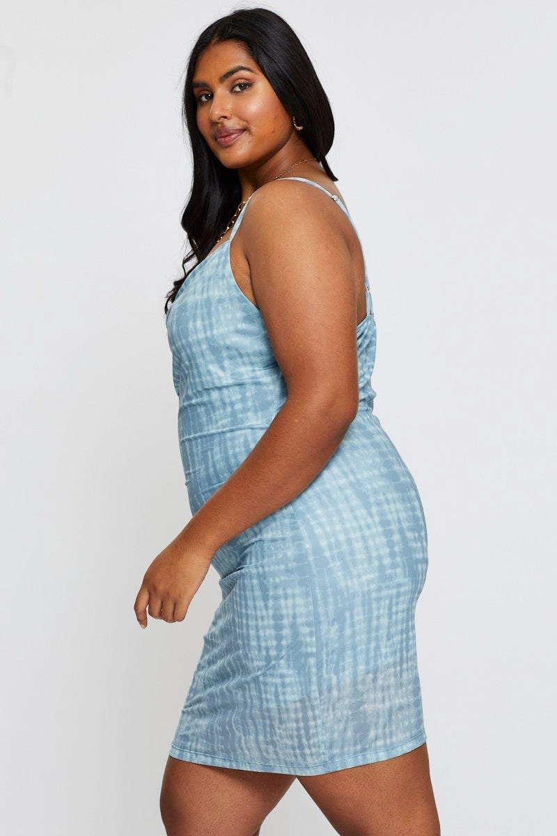 Cocktail Ready Blue Abstract Print Bodycon Dress Scoop Neck Sleeveless Mini