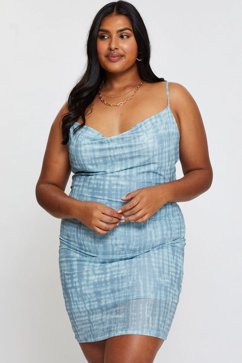 Chic Waist Blue Abstract Print Bodycon Dress Scoop Neck Sleeveless Mini