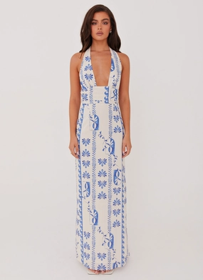 Sky Linen Maxi Dress - Floral Wave Refined Cut Modern Texture