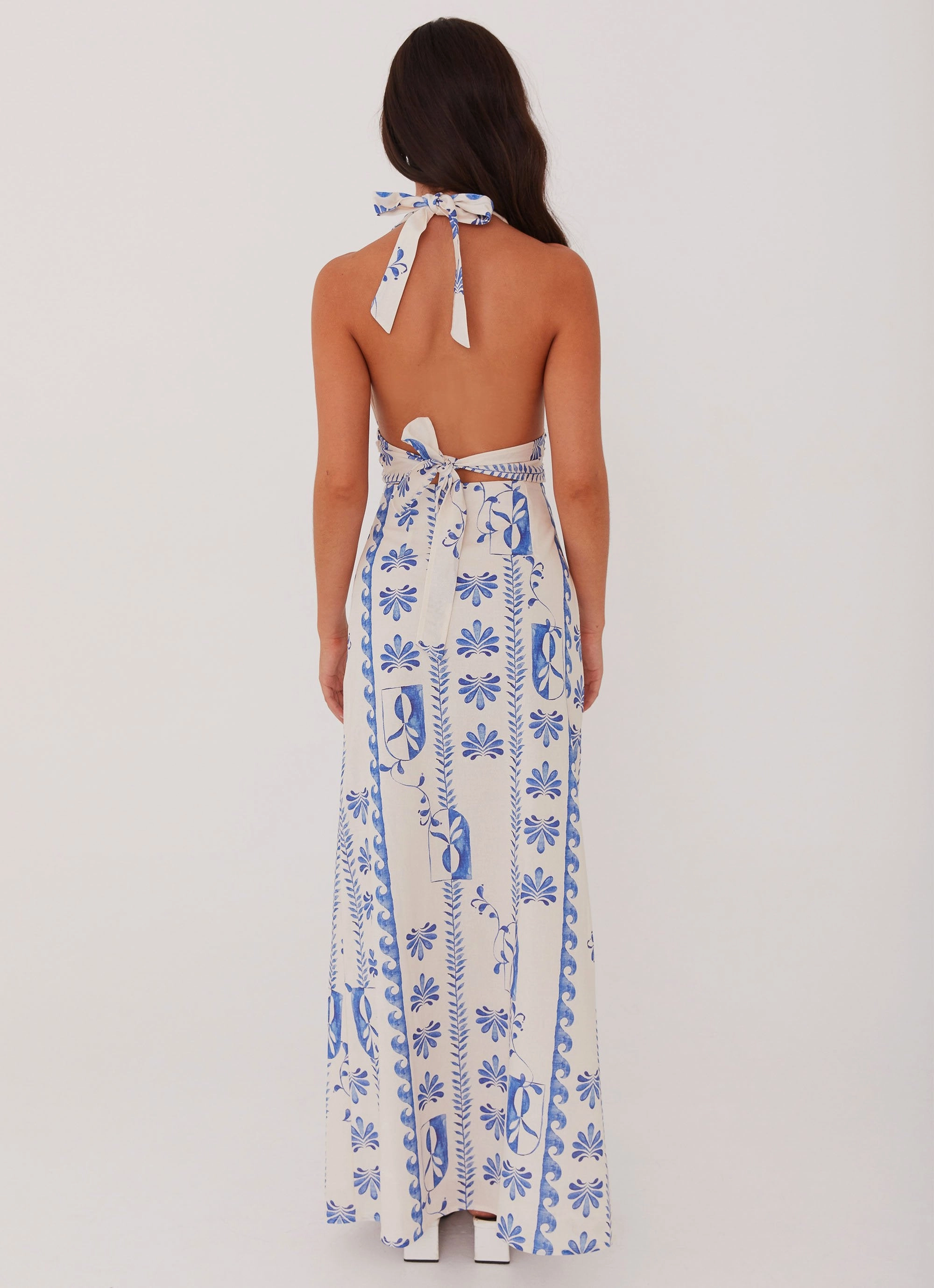 Beach Walk Classic and Chic Sky Linen Maxi Dress - Floral Wave