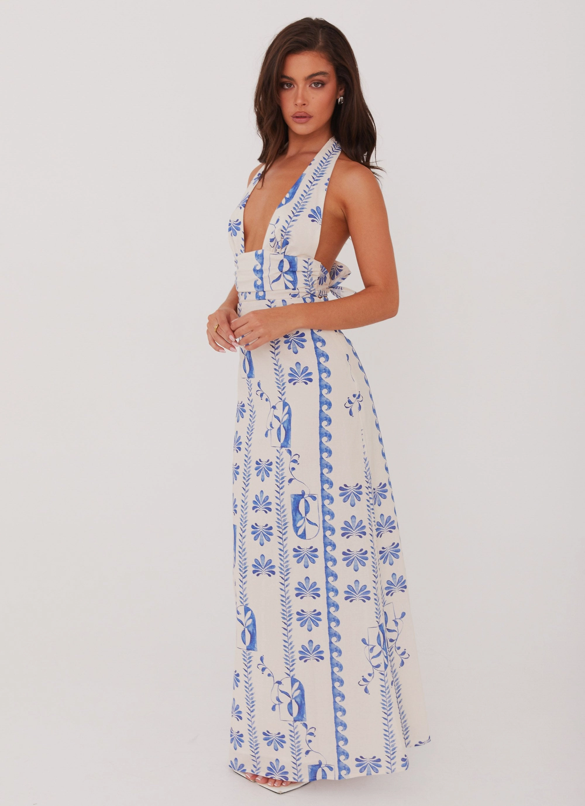 Sky Linen Maxi Dress - Floral Wave Timeless Fit budget-friendly