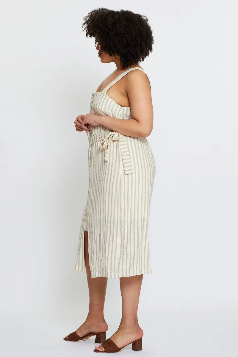 Stripe Midi Dress Square Neck Sleeveless Summer Fashion