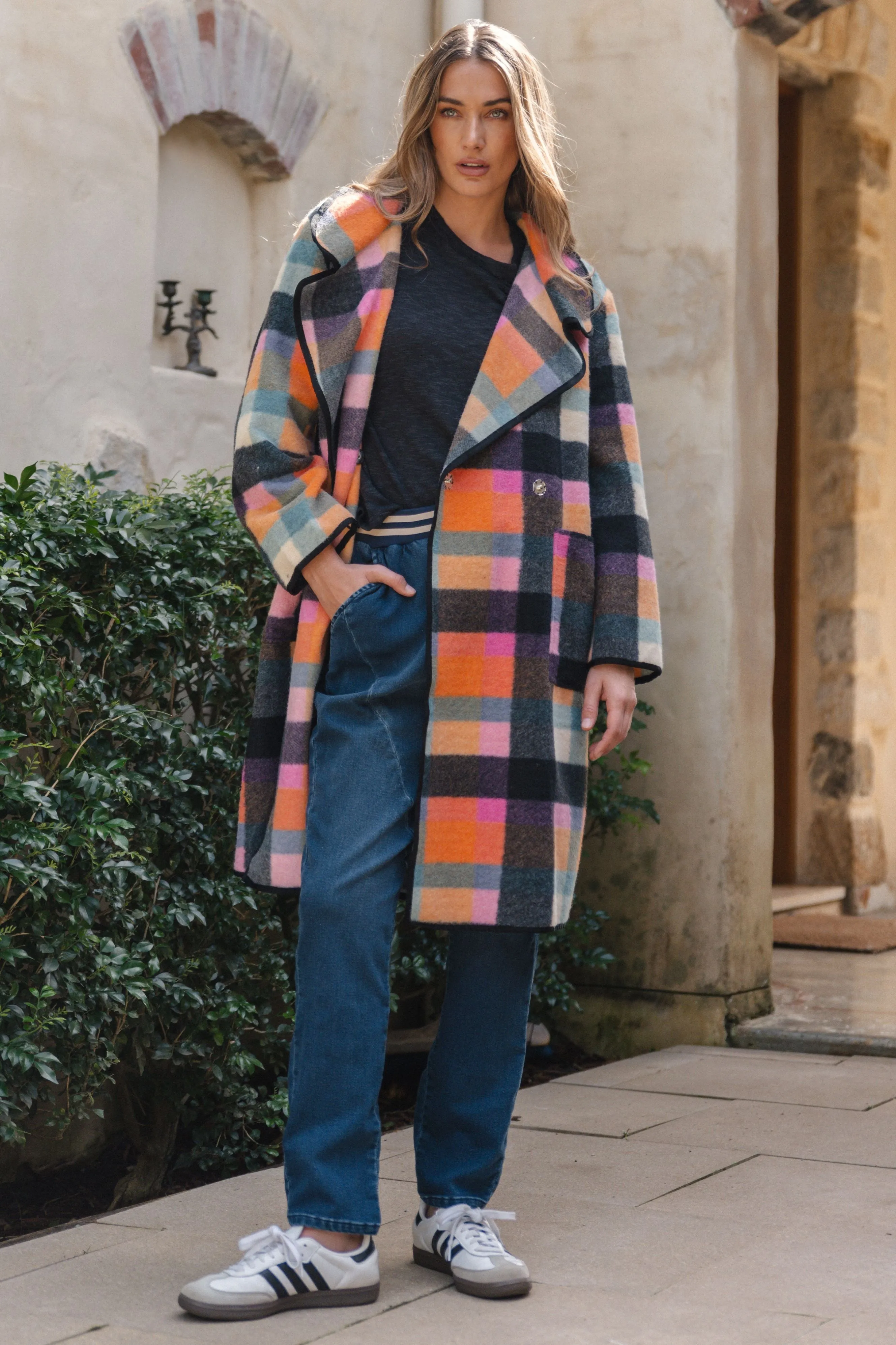 Betty Basics Ellie Coat Rainbow Check Taped Seam Waterproofing Reinforced Elbow Padding