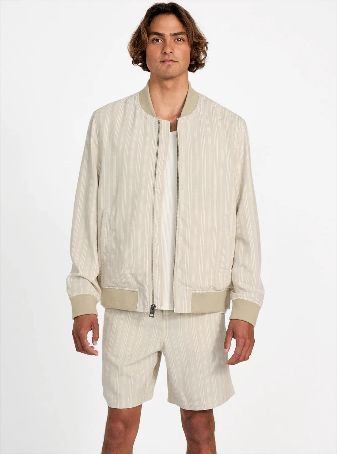 Eco Beige Fletcher Linen Striped Bomber Jacket Reflective Detailing Climate Adaptive Design