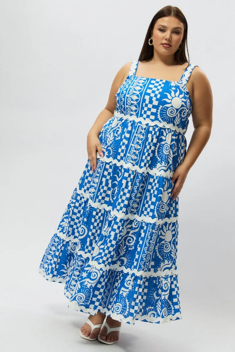 Slit Detail foldable Blue Abstract Midi Dress Sleeveless Tiered Ric Rac Linen Blend