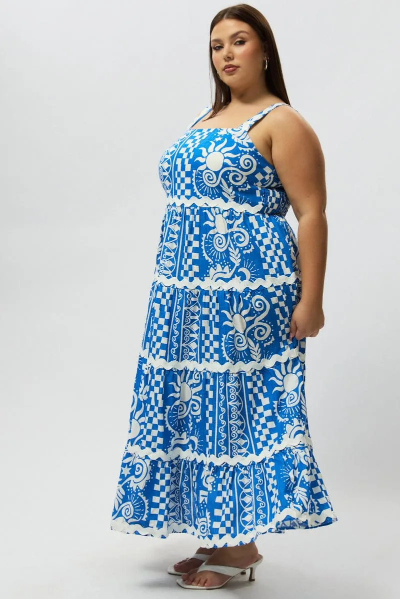 Blue Abstract Midi Dress Sleeveless Tiered Ric Rac Linen Blend Flattering Waist Fit urban vibe