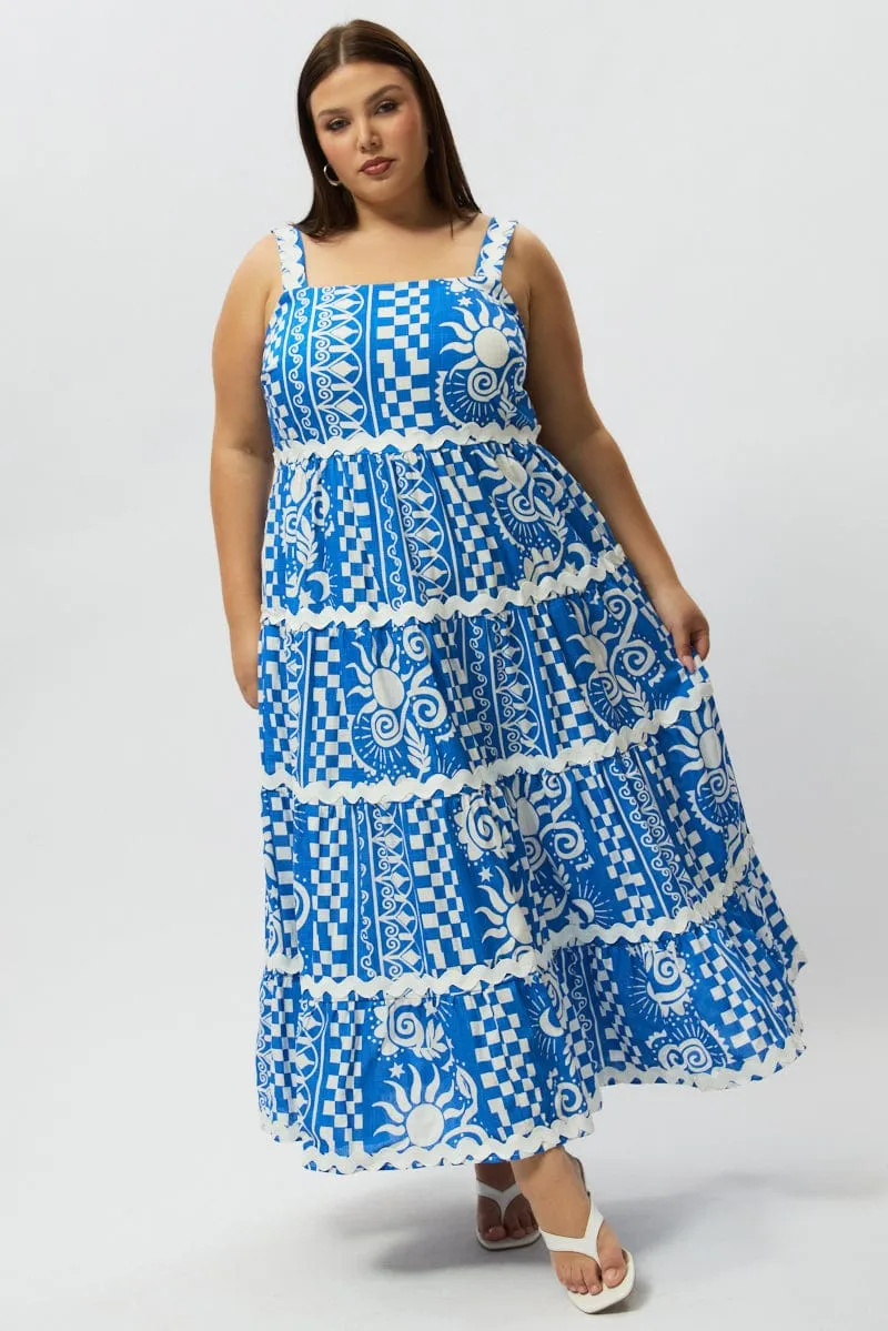 Smart Detail Light Cloud Blue Abstract Midi Dress Sleeveless Tiered Ric Rac Linen Blend