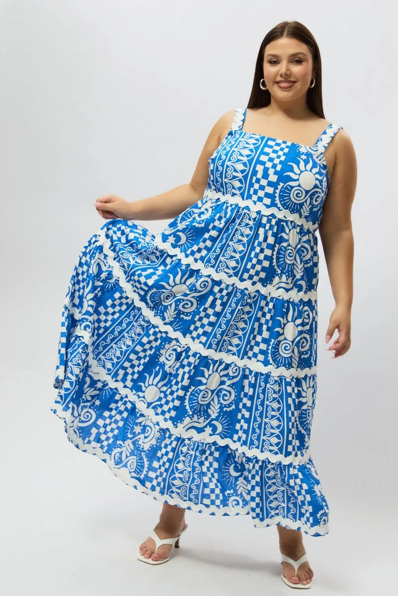 Blue Abstract Midi Dress Sleeveless Tiered Ric Rac Linen Blend Fitted Look