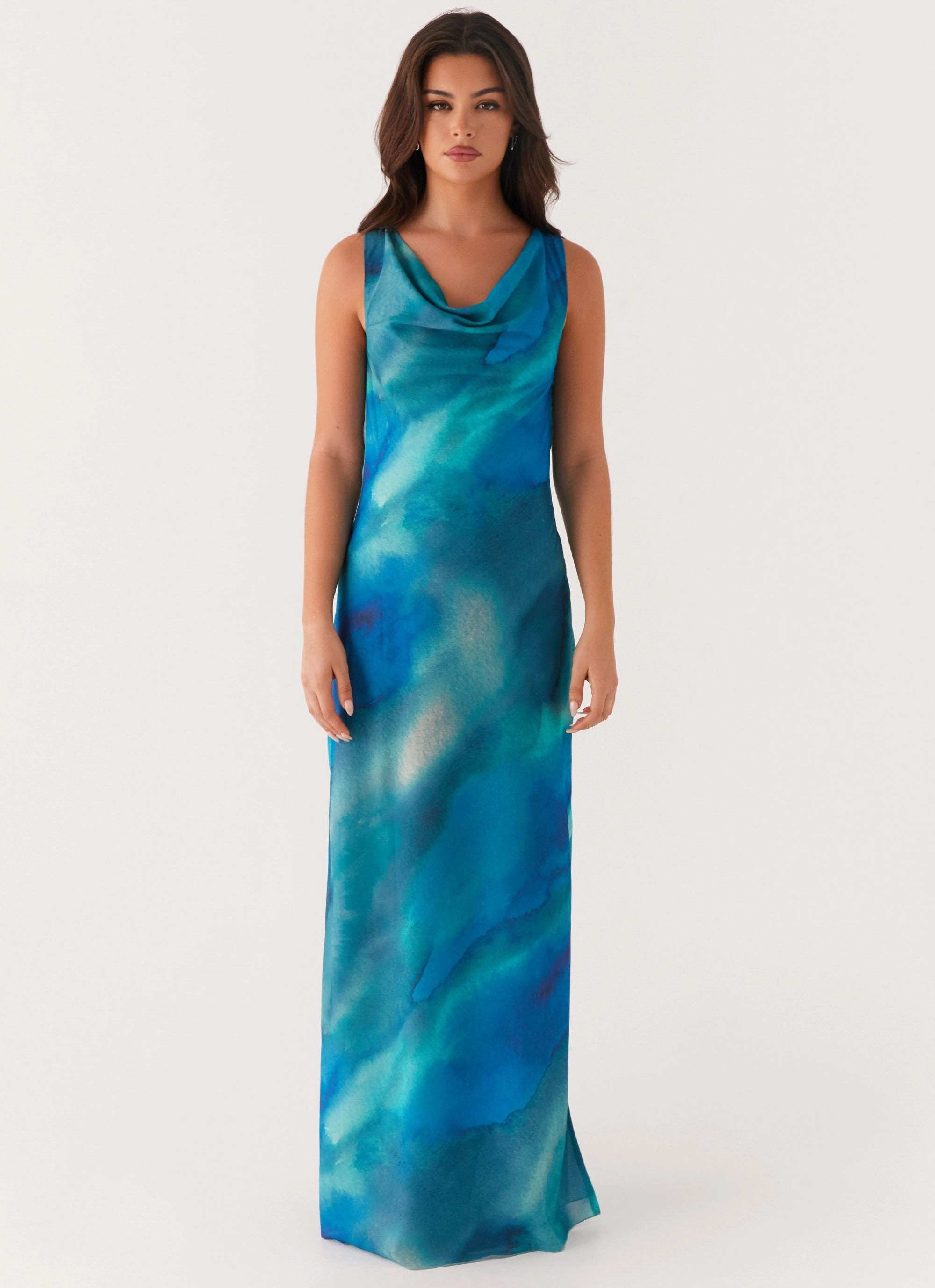 Versatile Wearable High-Neck Carelle Maxi Dress - Blue Tie Dye