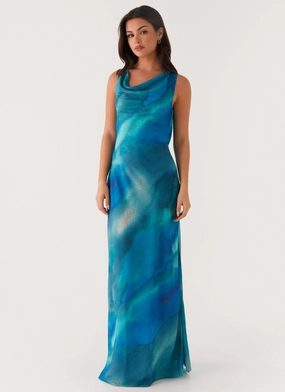 Carelle Maxi Dress - Blue Tie Dye Detachable-Detail Polished Mood