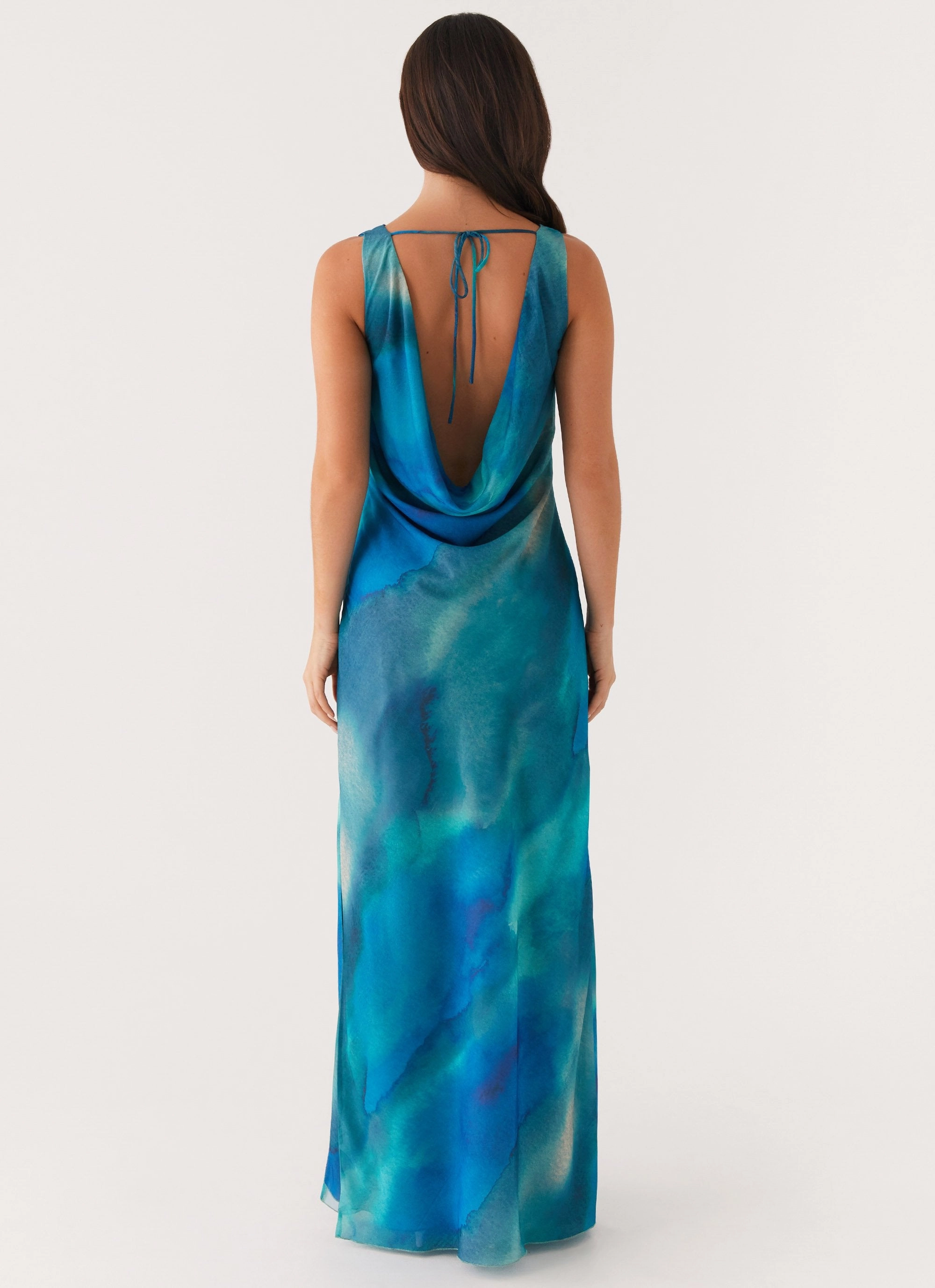 Basic Shape Satin Finish Carelle Maxi Dress - Blue Tie Dye