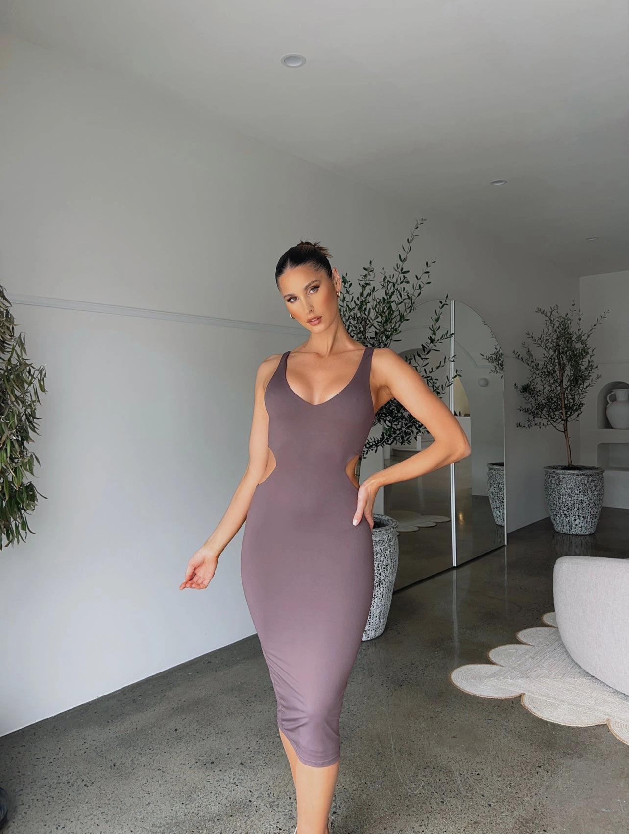 Daytime Look Light Sheen POPPY MIDI DRESS MOCHA - OUTCAST EXCLUSIVES