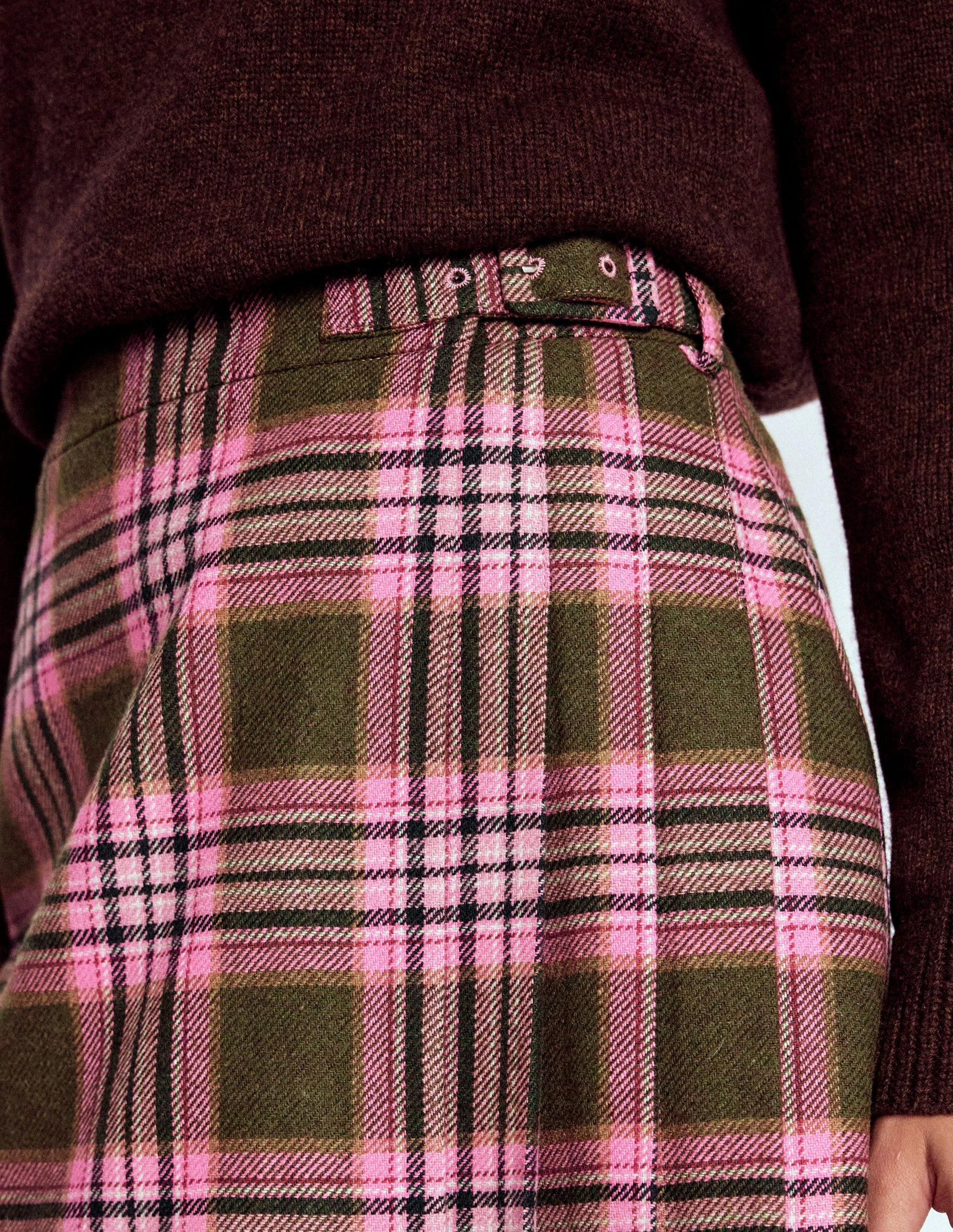 Winter Layering Print Mix Helen Wool Kilt Skirt-Olive, Green and Pink Check