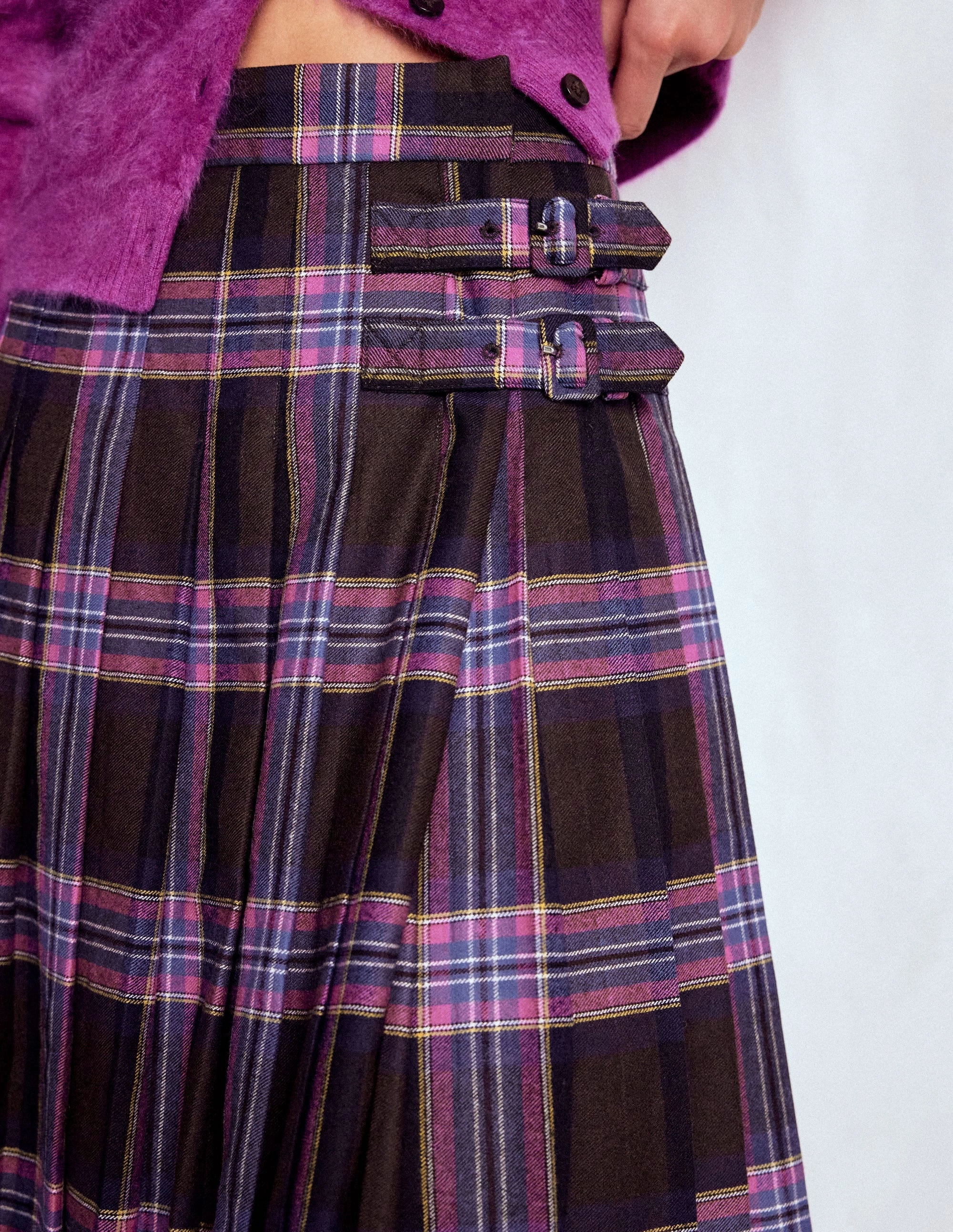 Cultural Heritage Josephine Wool Kilt Skirt-Brown, Teal & Pink Check