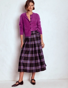 Josephine Wool Kilt Skirt-Brown, Teal & Pink Check Hand Stitched