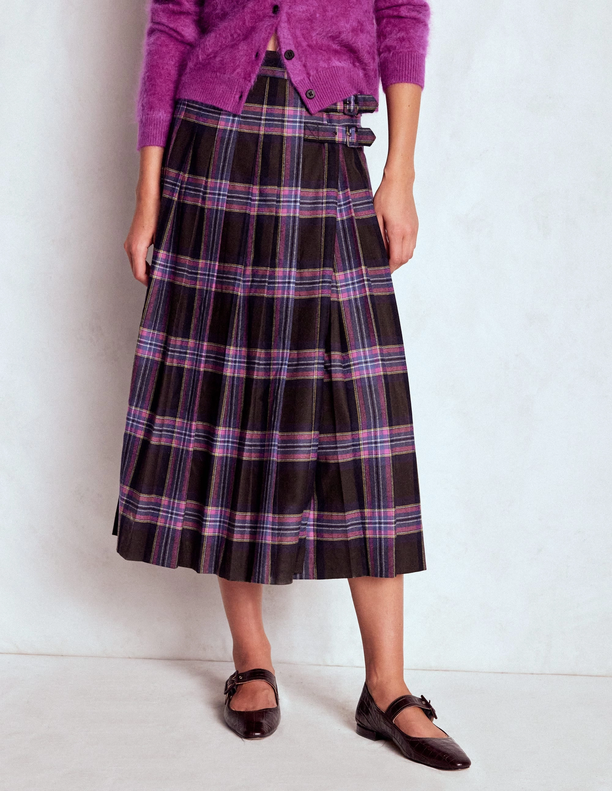 Athleisure Inspired Josephine Wool Kilt Skirt-Brown, Teal & Pink Check