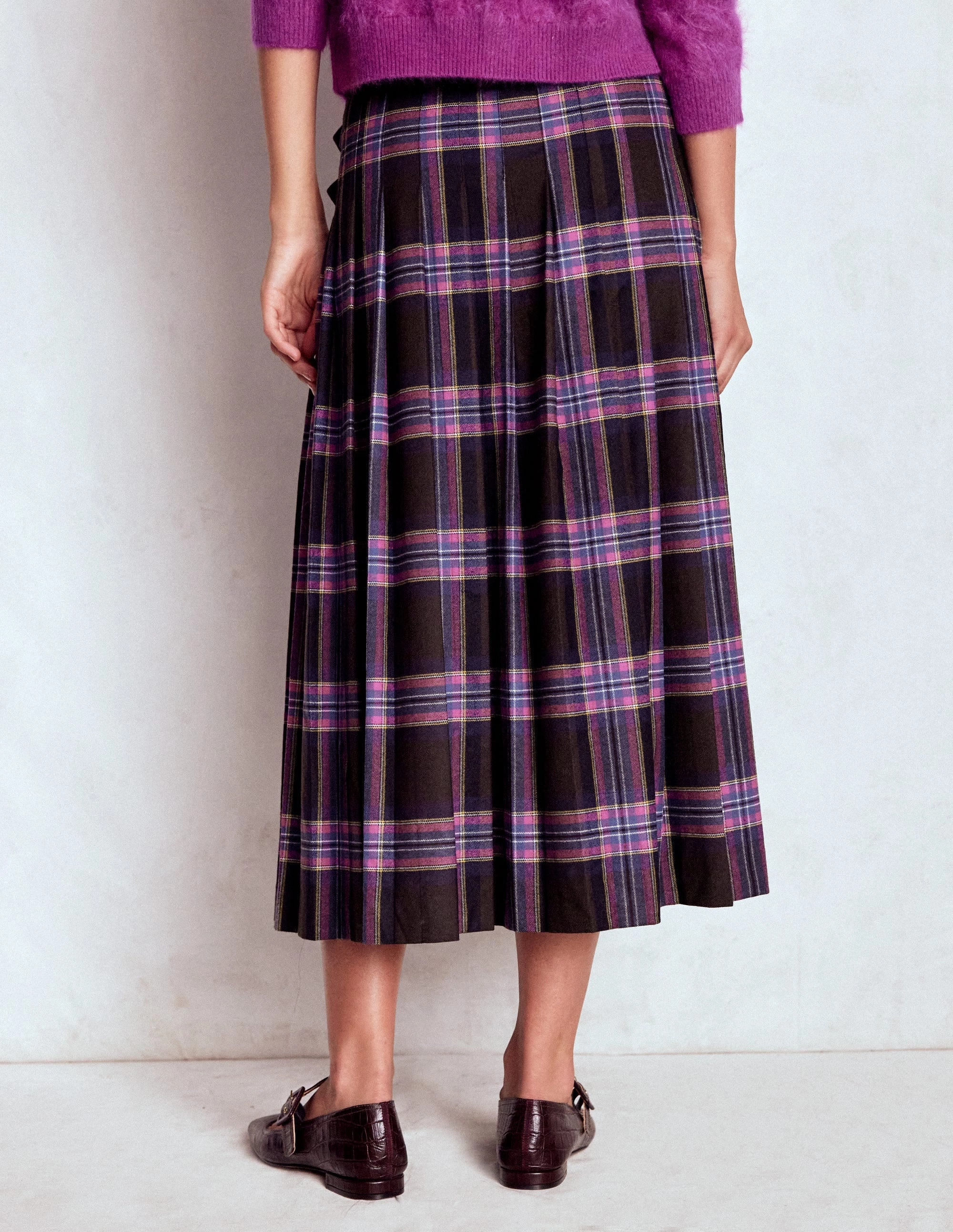 Leg Elongating Josephine Wool Kilt Skirt-Brown, Teal & Pink Check