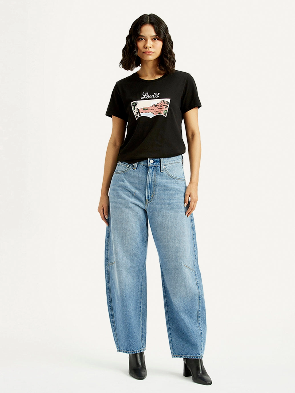 Winter Warmth Minimalist Style Blend Women's Cinch Light Blue Barrel Loose Fit Mid Rise Jeans