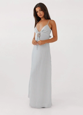 Elegant Motion cut out Flora Linen Maxi Dress - Blue Choc Stripe