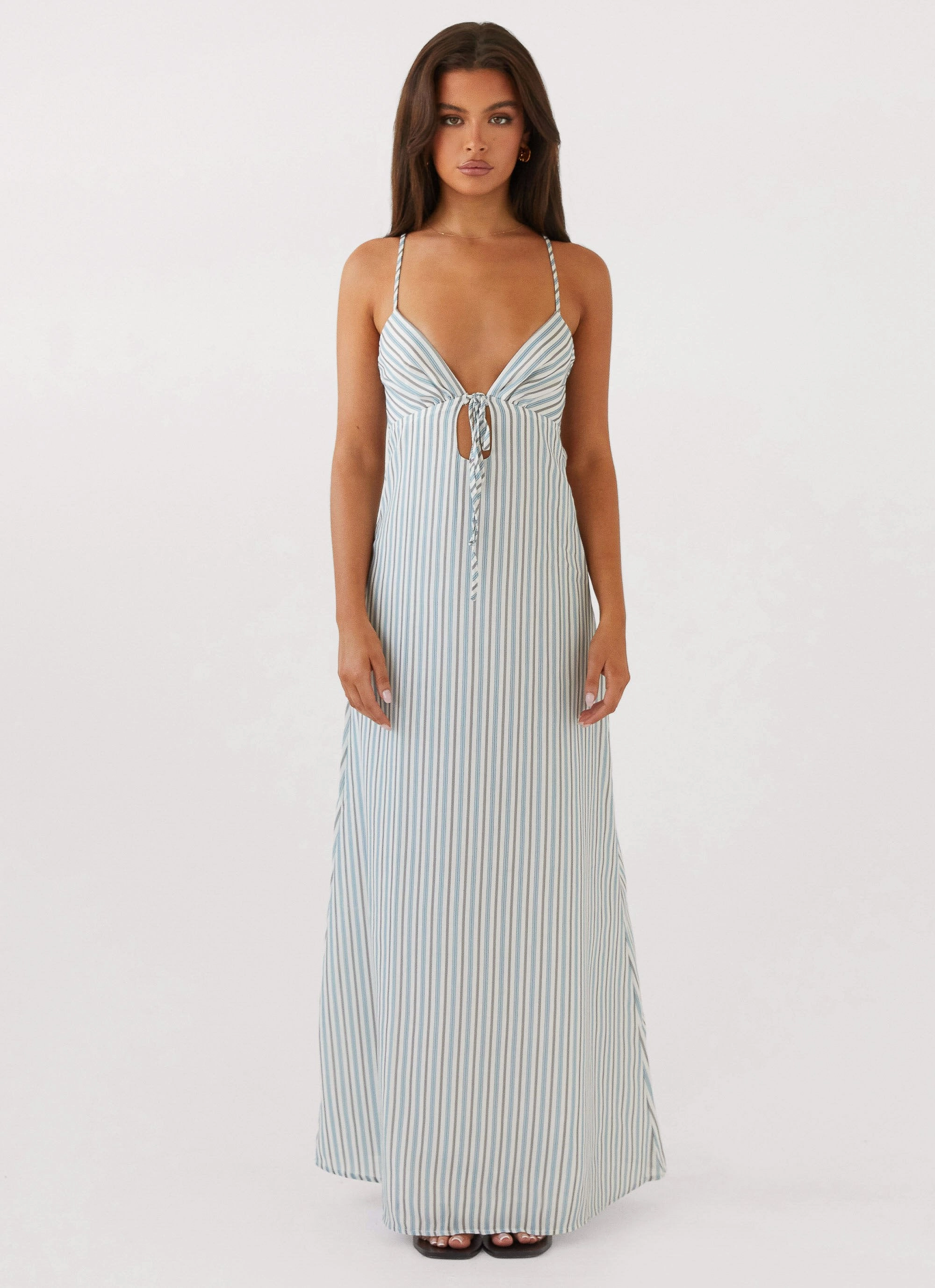 Flora Linen Maxi Dress - Blue Choc Stripe Flattering Comfort Wear Summer Mood