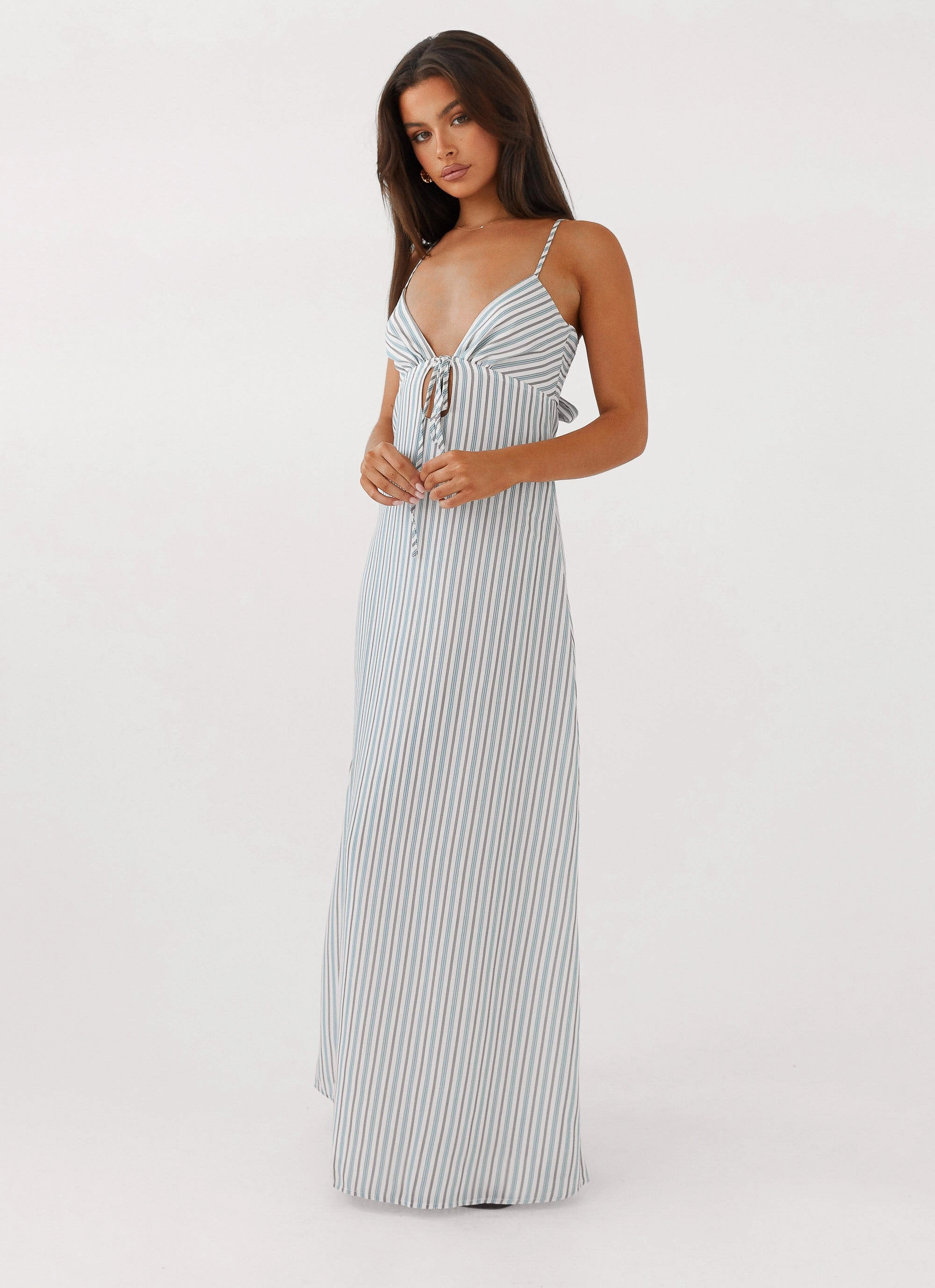 Elegant Motion cut out Flora Linen Maxi Dress - Blue Choc Stripe