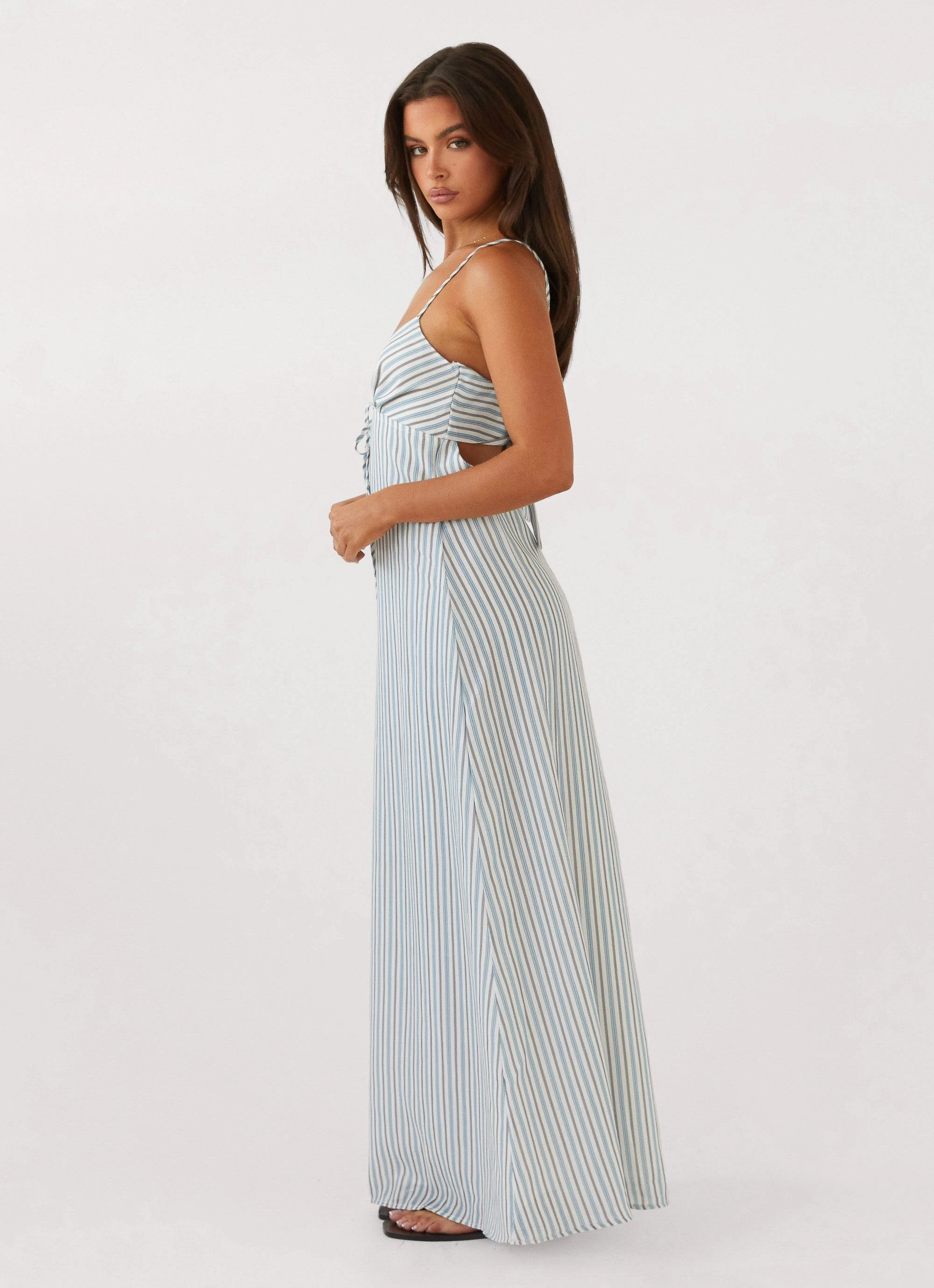 Daywear Mood ruffle trim Flora Linen Maxi Dress - Blue Choc Stripe