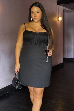 Smart Waistband Design Black Lace Detail Bodycon Dress