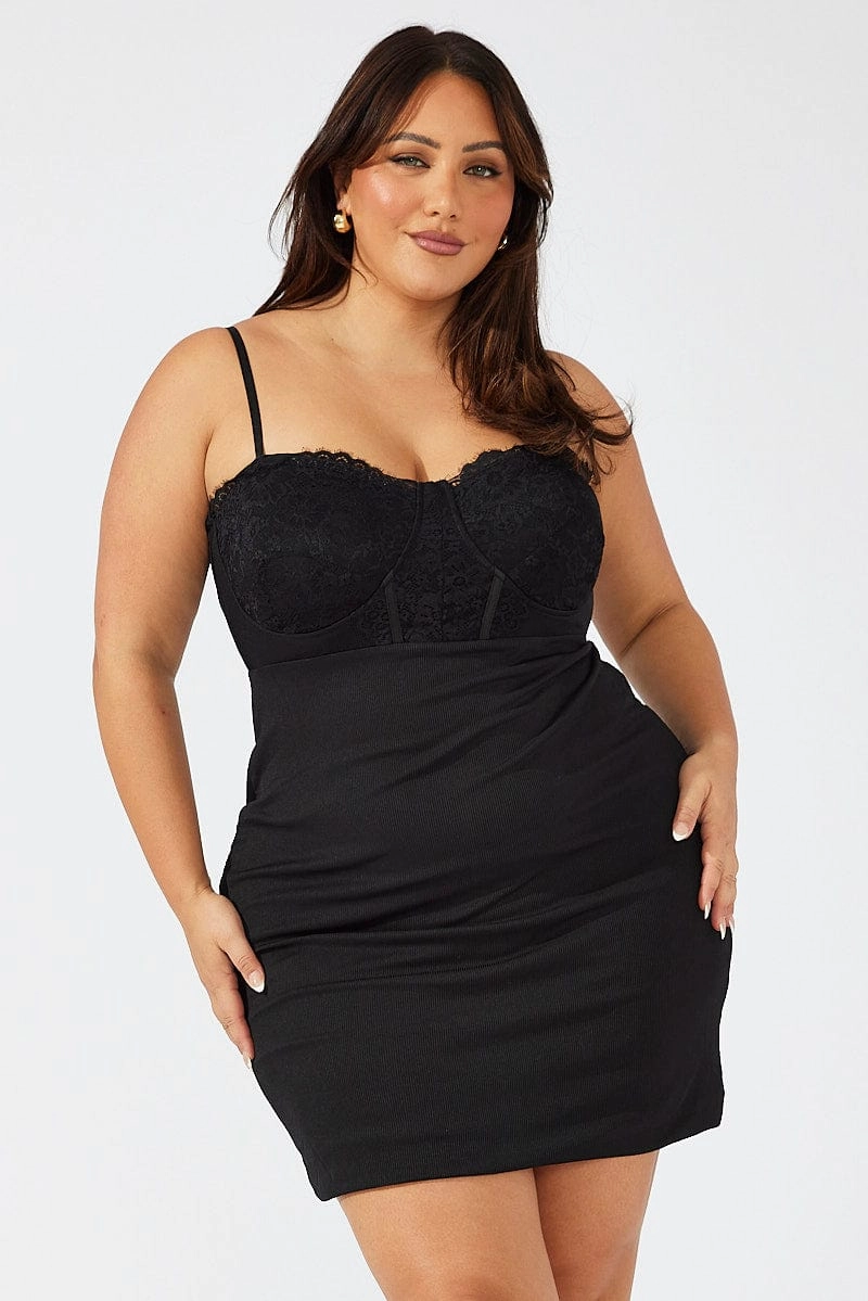 Smooth Layering Black Lace Detail Bodycon Dress