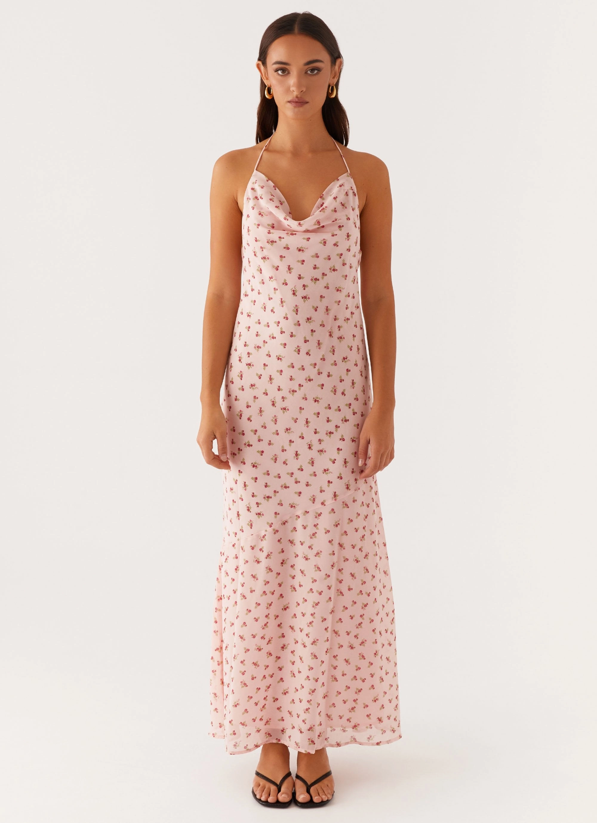 Alianna Cowl Neck Mesh Maxi Dress - Pink Flower Basic Mood Airy Comfort