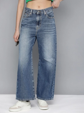 Women's Blue Ribcage Bell Bottom Wide Leg Fit Mid Rise Jeans Barrel Leg Construction Minimalist Styling