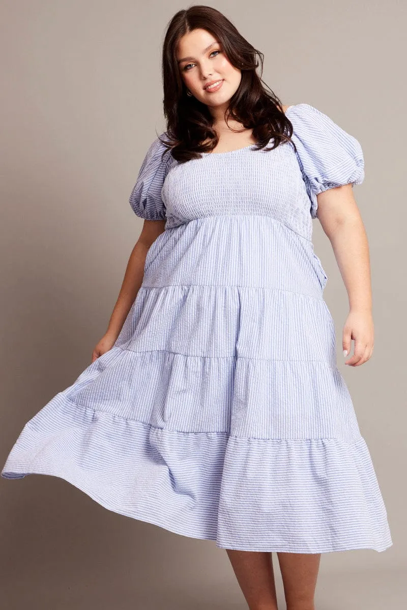 Event Mood Soft Air Blue Stripe Midi Dress Short Sleeve Tiered