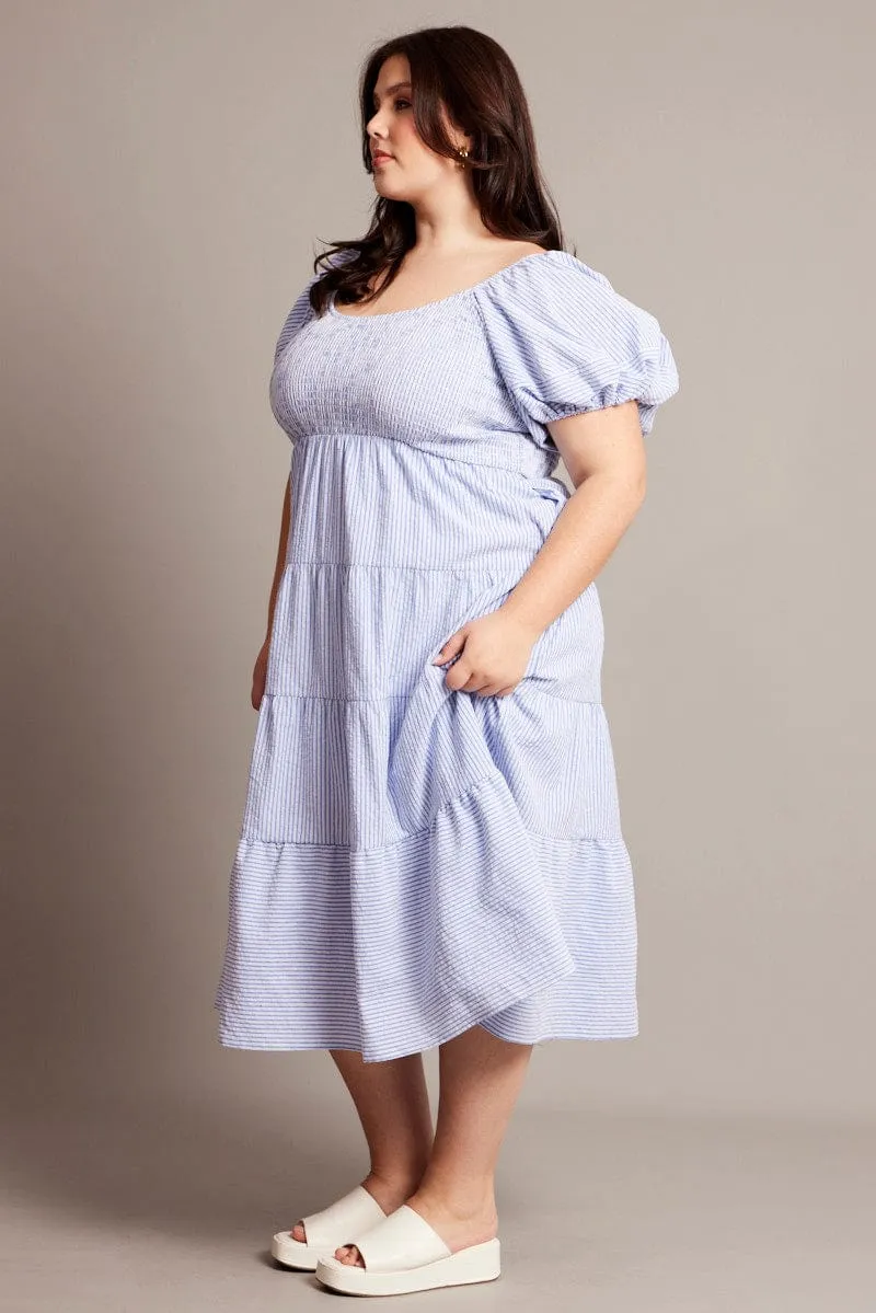 Classic Waistband Underwire-Support Blue Stripe Midi Dress Short Sleeve Tiered