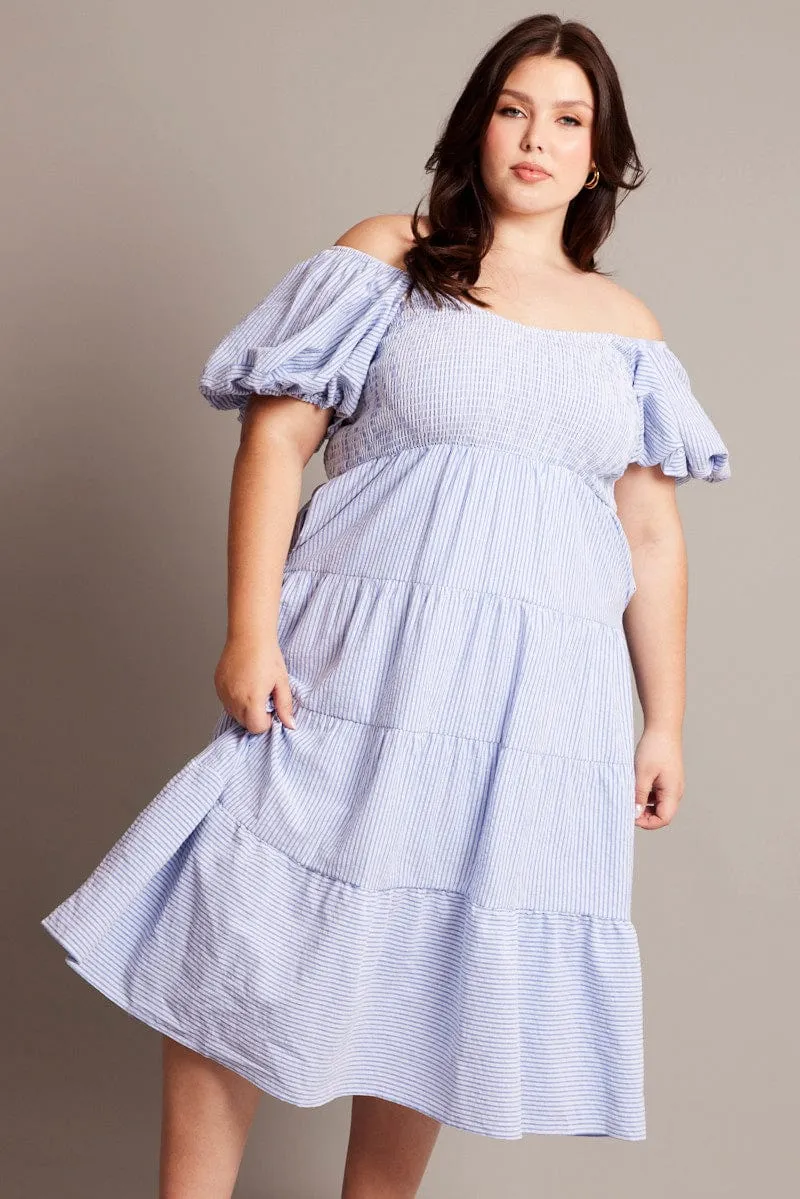 Blue Stripe Midi Dress Short Sleeve Tiered Built-In-Slip
