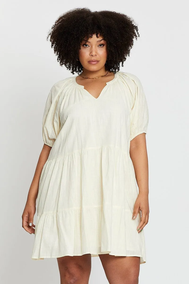 Date night Street Flex Beige Puff 3/4 Sleeve Textured Cotton Oatmea Layer Dress