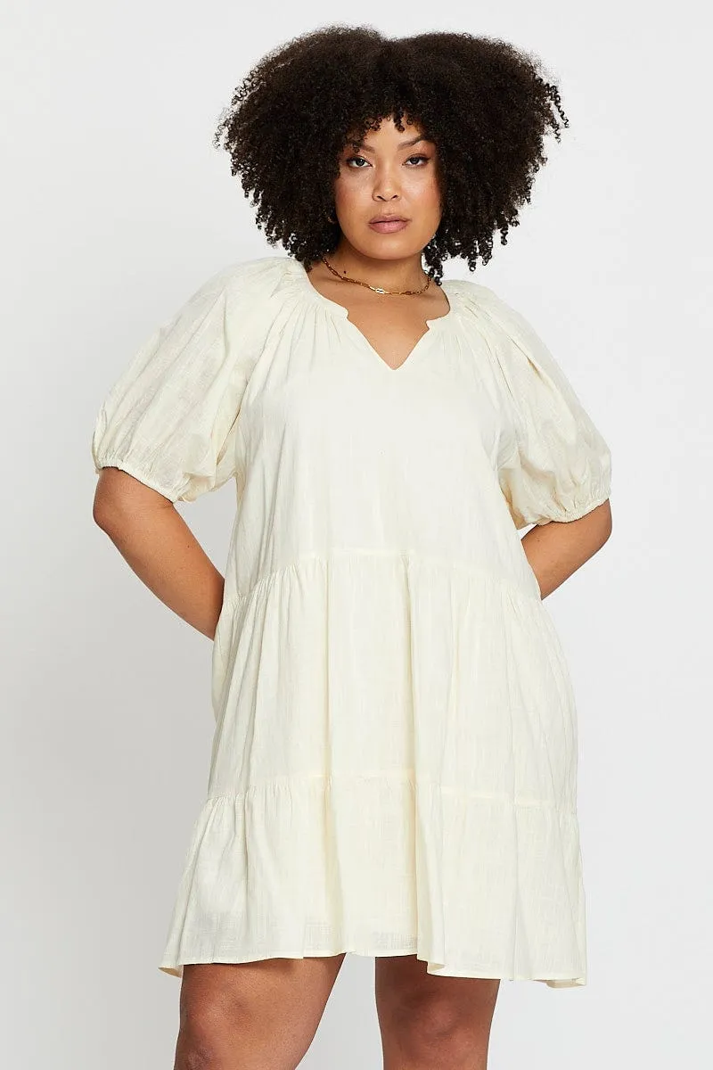 Simple Shape Beige Puff 3/4 Sleeve Textured Cotton Oatmea Layer Dress