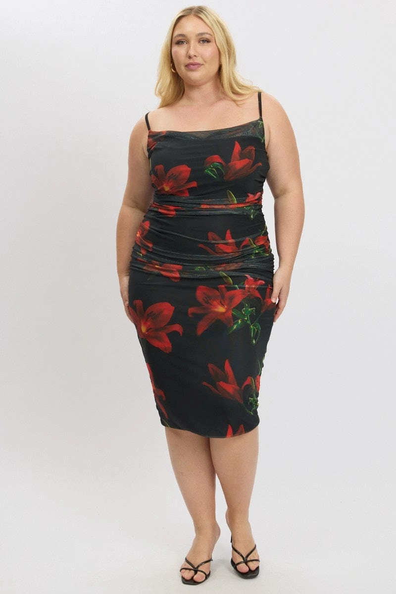 Black Floral Cowl Neck Shoestring Strap Bodycon Maxi Dress Flawless Waist Fit Elegant Waistband Fit