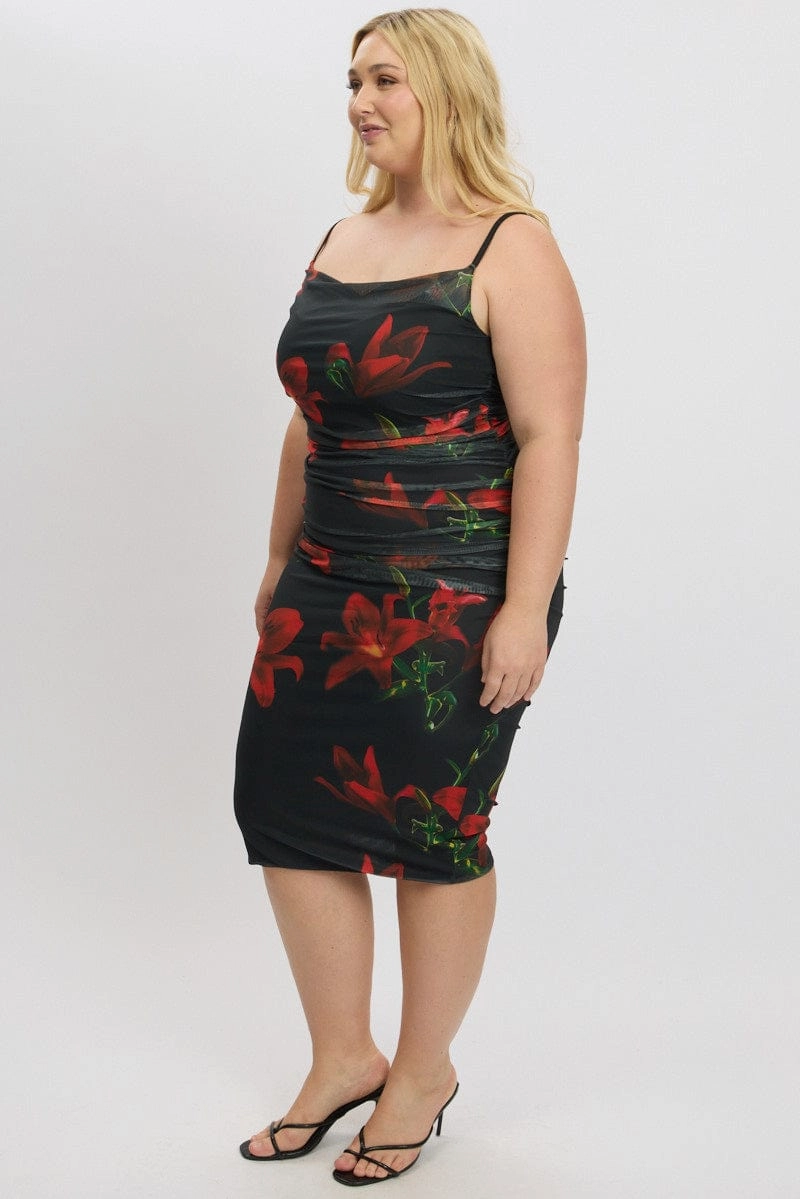 Versatile and Comfortable Black Floral Cowl Neck Shoestring Strap Bodycon Maxi Dress