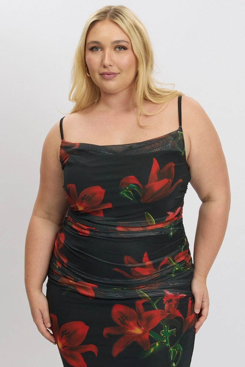 Ceremony Ready Black Floral Cowl Neck Shoestring Strap Bodycon Maxi Dress